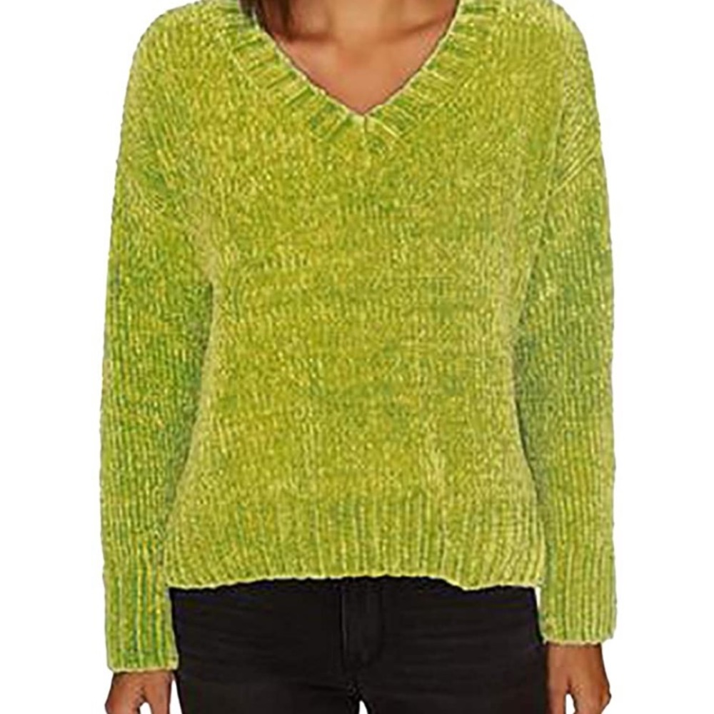 Sanctuary V-Neck Chenille Sweater in Bright Lime